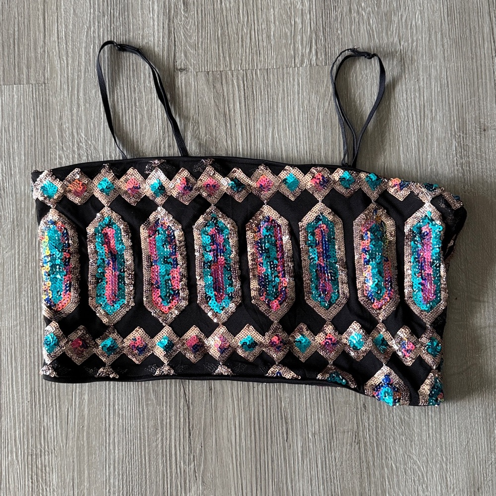CC Resorts Black and Teal Sequin Embellished Top